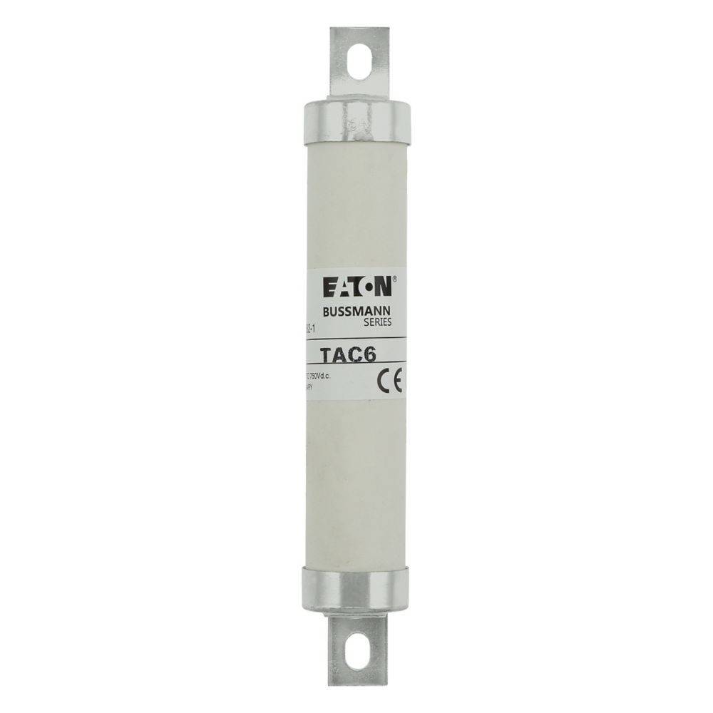 Ein zylindrischer Eaton Bussmann Sicherungstyp, Modell TAC6, mit Metallenddurchführungen, gekennzeichnet mit Standardmarkierungen und CE-Zertifizierung.