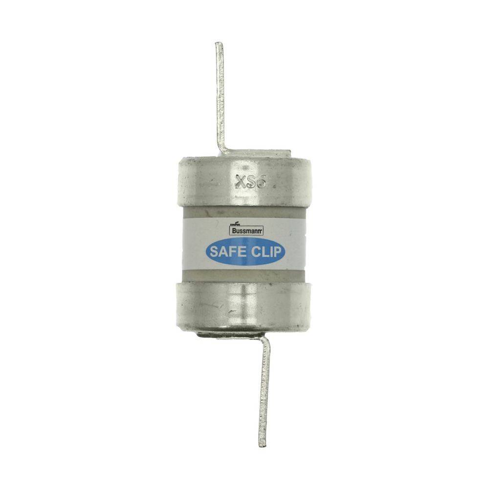 Eine zylindrische Metallsicherung mit hervorstehenden Drähten, beschriftet mit 'BUSSMANN SAFE CLIP'. Sie ist für elektrische Schaltkreise ausgelegt.