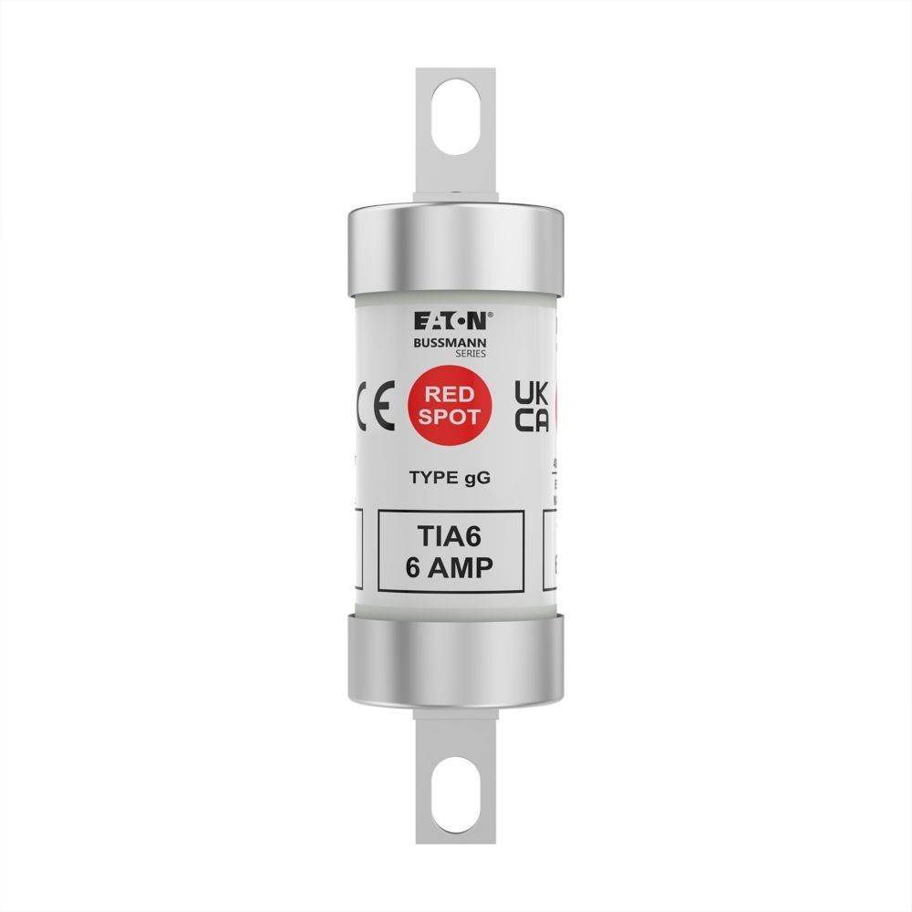 Ein zylindrischer elektrischer Sicherungseinsatz mit der Aufschrift 'Eaton Bussmann Red Spot, TIA6, 6 Ampere, Typ gG, UK CA', verwendet zur Stromkreisabsicherung.