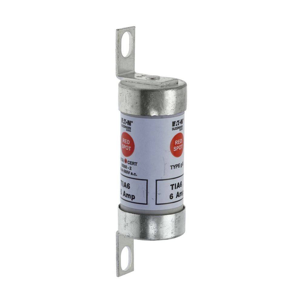 Eine zylindrische Sicherung mit Metallendkappen und Montagebügeln. Die Beschriftung lautet 'T1A6 6 Amp'. Geeignet für elektrische Sicherheitsanwendungen.