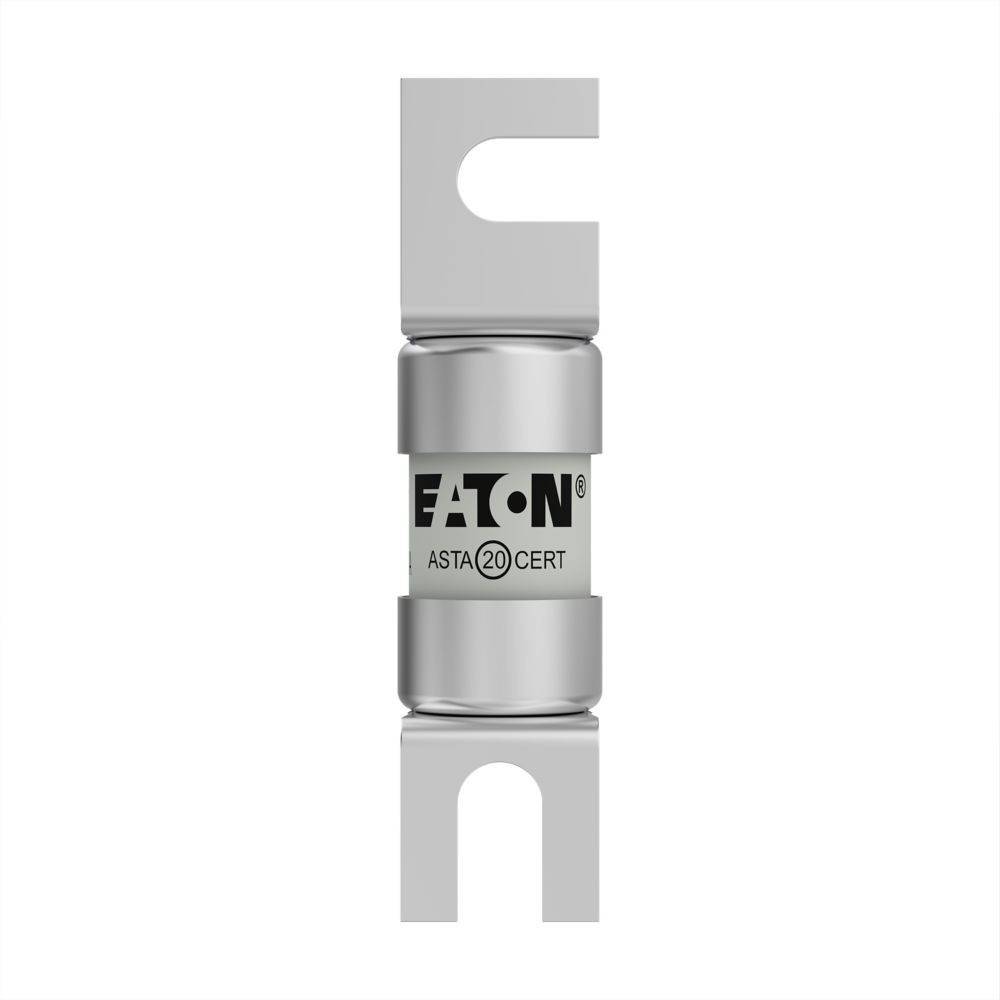 Eaton ASTA20CERT Elektrische Sicherung, silberfarben, vertikal ausgerichtet, mit metallischen Kontaktenden, verwendet zur Stromkreisabsicherung.