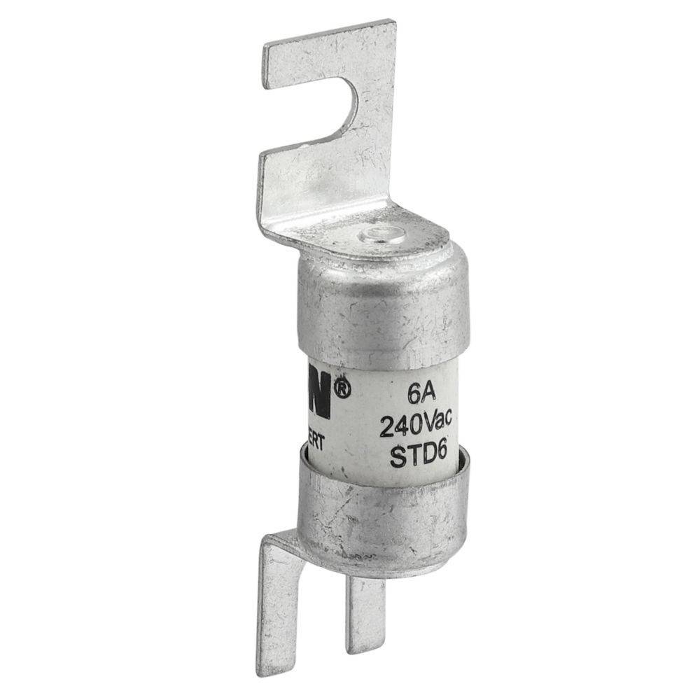 Ein zylindrischer Metallsicherung mit der Beschriftung 6A 240Vac STD6, ausgestattet mit flachen Anschlussklemmen, zur Schutz elektrischer Stromkreise konzipiert.