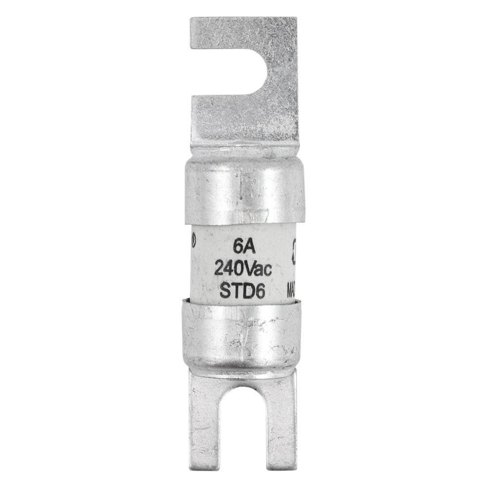 Eine 6A, 240V AC Sicherung, Modell STD6, entwickelt für elektrische Sicherheit, in vertikaler Position mit Metallverbindern an beiden Enden.