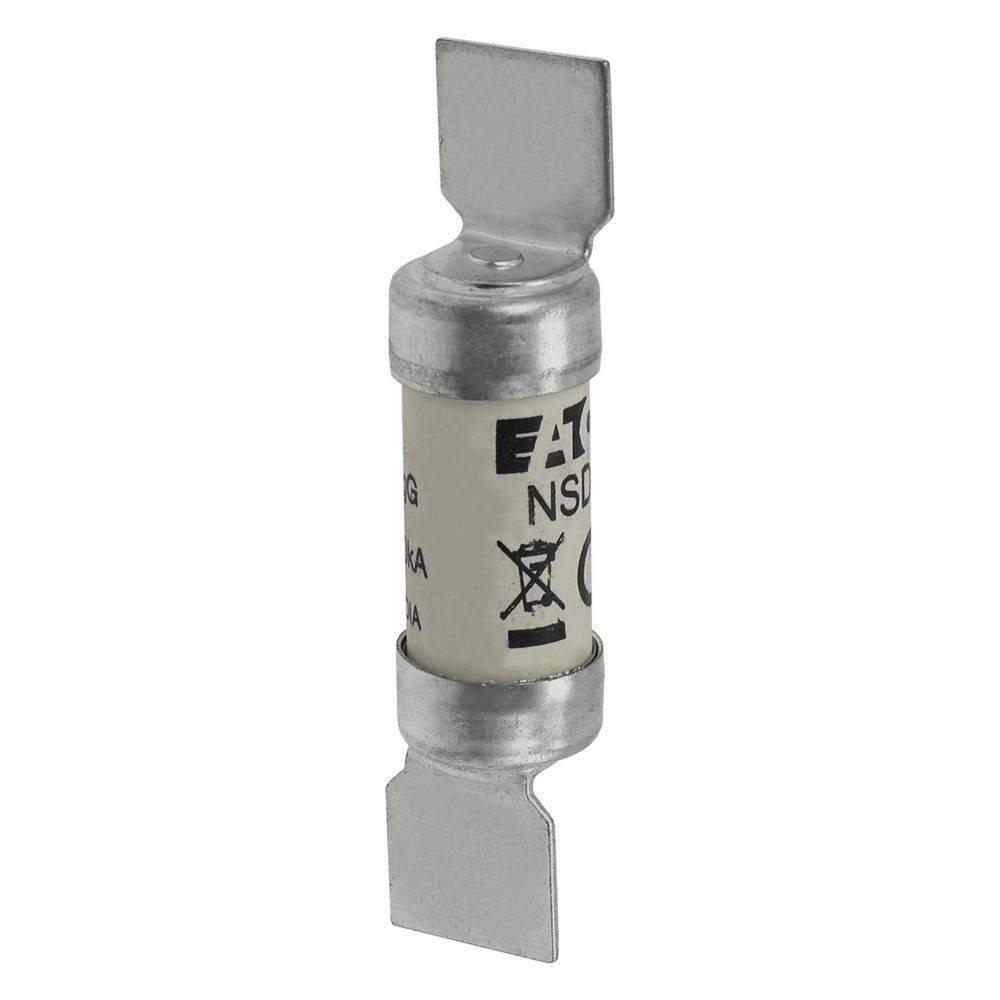 Eine zylindrische Keramikpatrone von Eaton mit Metalleindkappen, versehen mit Bewertungssymbolen. Verwendet zum Schutz elektrischer Stromkreise.