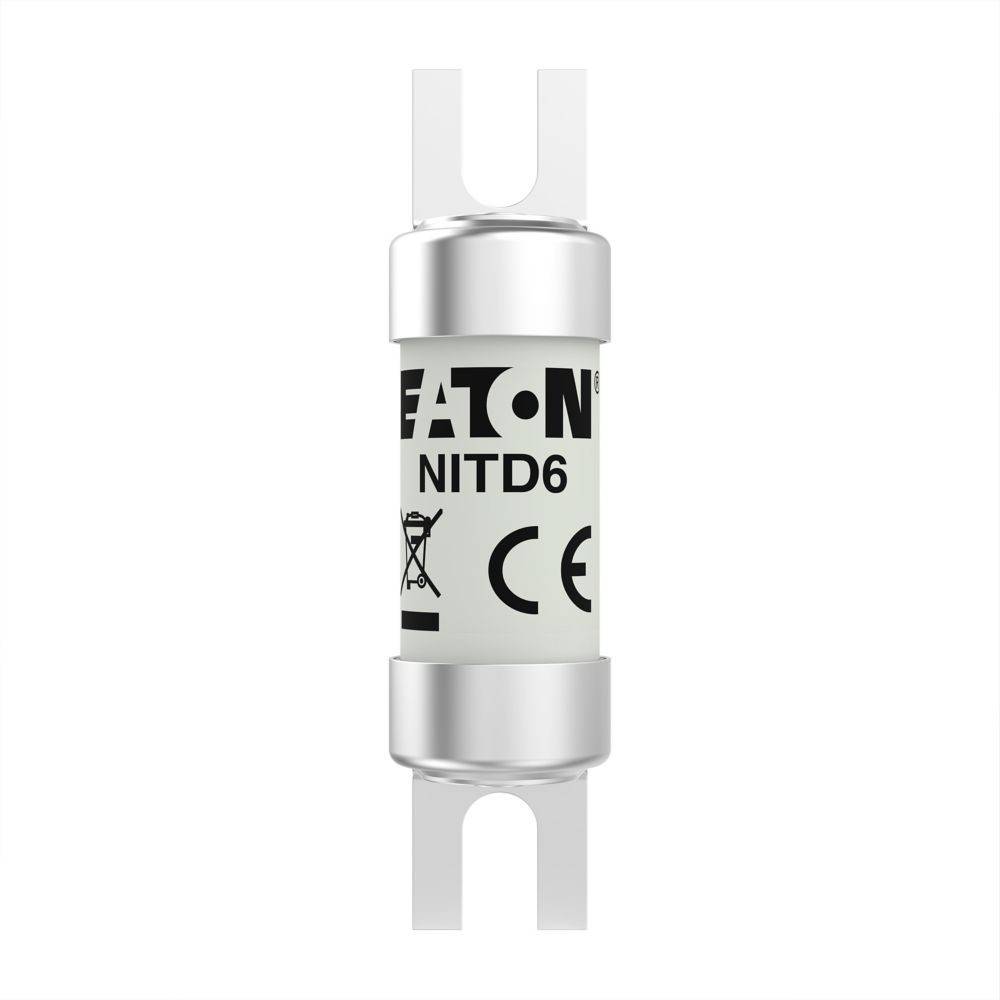 Eaton NITD6 elektrische Sicherung, weiß und zylindrisch, mit Endklemmen an Ober- und Unterseite zum Anschluss an einen Stromkreis. CE-gekennzeichnet.