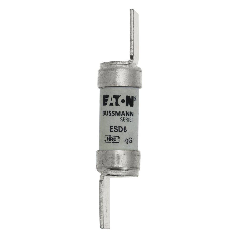 Eine silberne elektrische Sicherung der Marke 'Eaton Bussmann Series ESD6' mit Metallkontakten an beiden Enden, verwendet zum Schutz von elektrischen Stromkreisen.