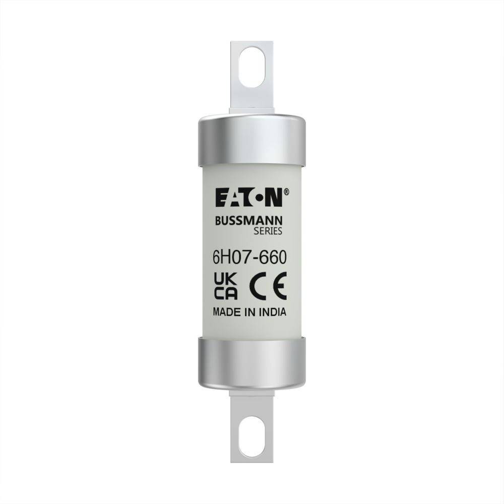 EATON Bussmann Series' Sicherung, Modell 6H07-660, gekennzeichnet mit UKCA- und CE-Konformitätszeichen, die zeigen, dass sie in Indien hergestellt wurde.