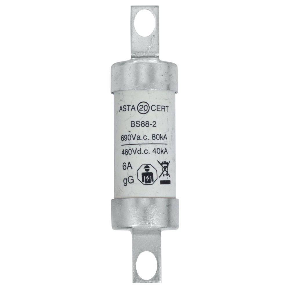 Eine zylindrische elektrische Sicherung mit Metallkappen an beiden Enden, gekennzeichnet mit 'BS88-2', '6A gG' und ausgelegt für '690V Wechselstrom 80kA', '460V Gleichstrom 40kA'.