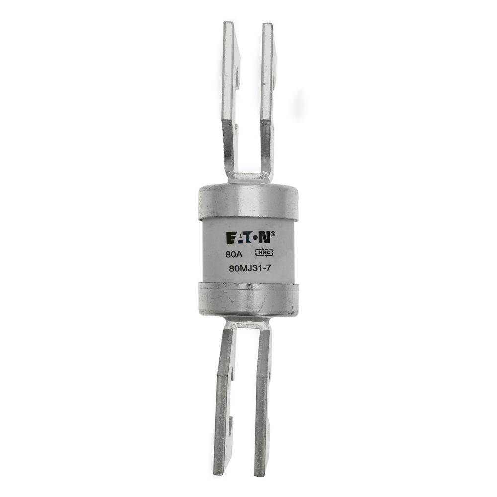 80A-Sicherung von 'EATON', Modell 80MJ31-7, mit Metallverbindern an beiden Enden.