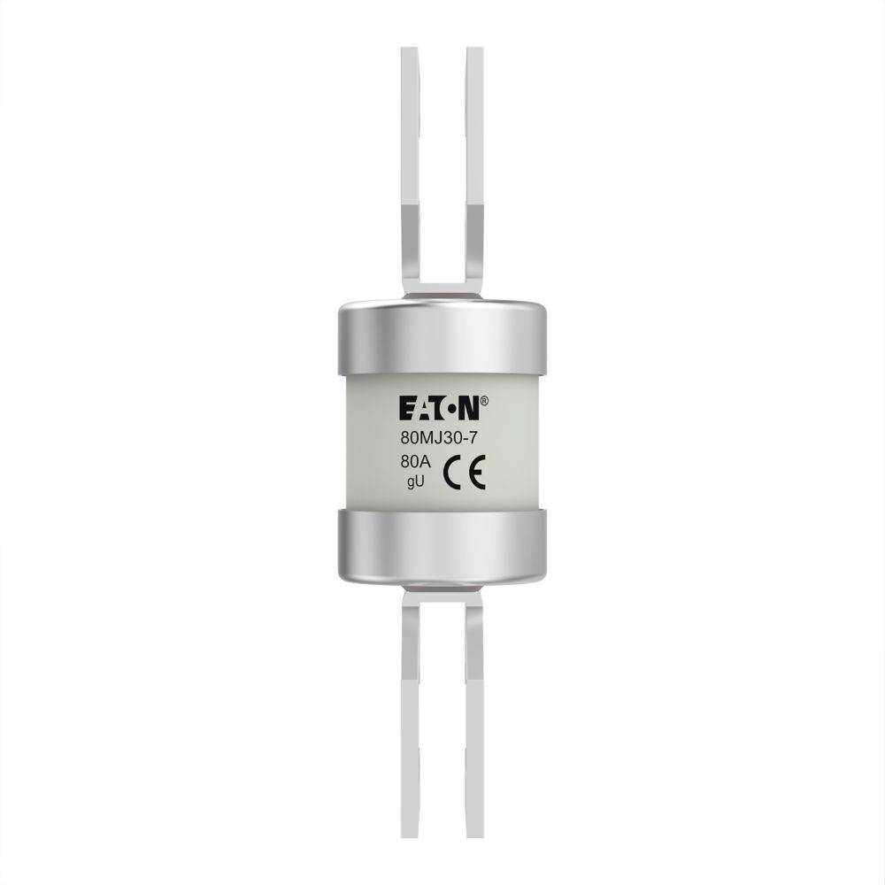 Eine weiße Eaton-Zylindersicherung mit einer Nennstromstärke von 80 A, versehen mit Metallendkappen und jeweils drei Anschlussbolzen an jeder Seite.