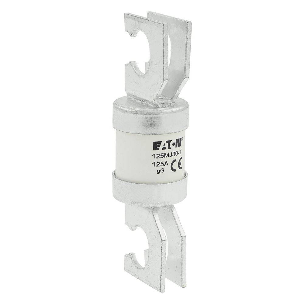 Eine zylindrische Eaton-Sicherung mit der Beschriftung '125MJ30-T', '125A' und 'gG', die Metallverbinder an beiden Enden aufweist.