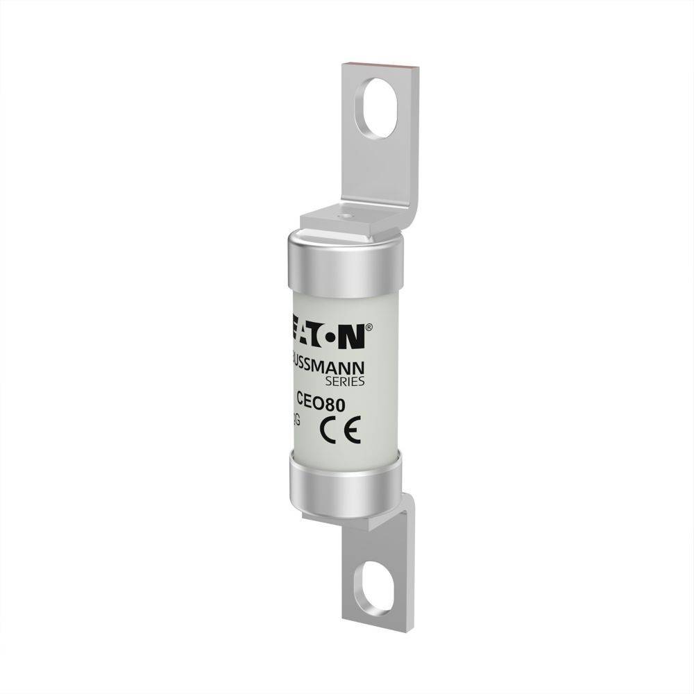Eaton Bussmann Serie' Sicherung mit Metallanschlüssen an beiden Enden, gekennzeichnet mit 'PCE080', mit CE-Konformitätszeichen.