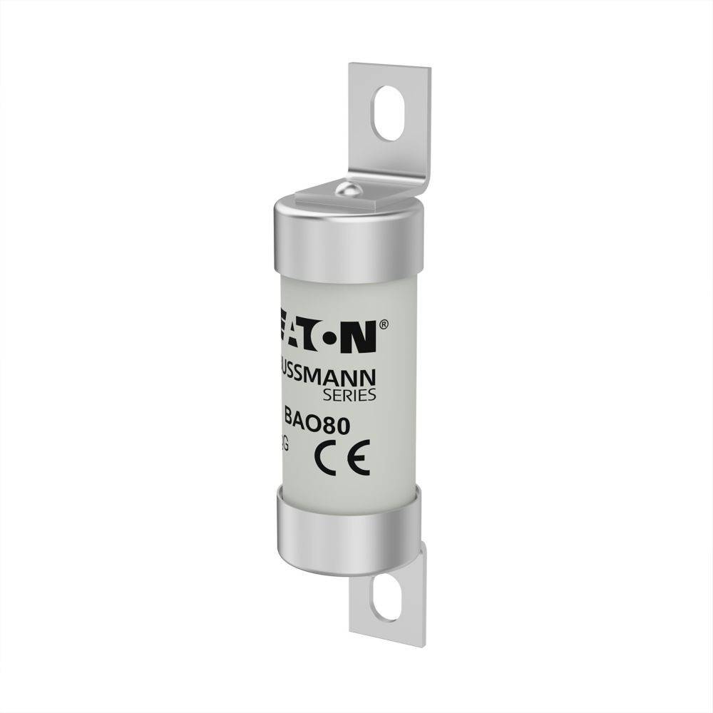 Eine zylindrische Sicherung mit Metallendkappen und Befestigungsbügeln, mit Aufschrift 'Eaton Bussmann Series' und Konformitätskennzeichnungen.