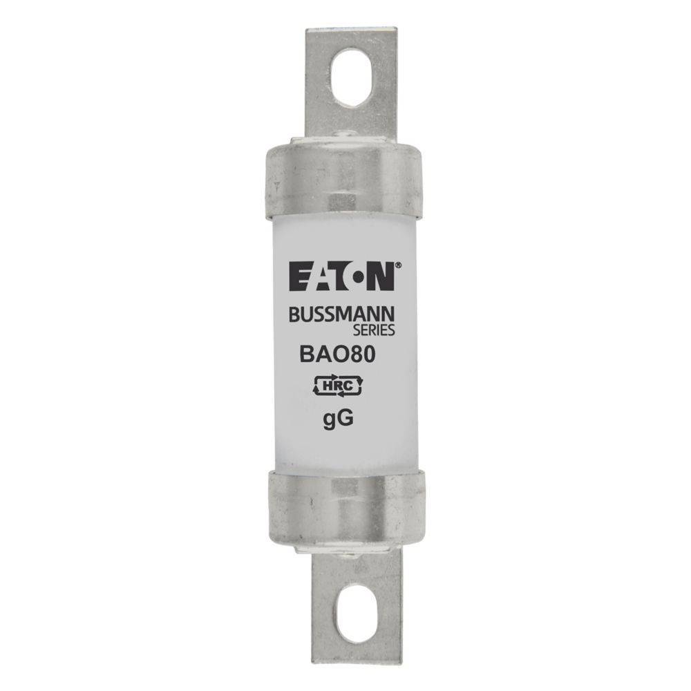 Eine zylindrische elektrische Sicherung, gekennzeichnet mit 'Eaton Bussmann Series BA080 gG HRC', mit Metallkappen an beiden Enden, die für den Schutz von elektrischen Schaltkreisen entwickelt wurde.