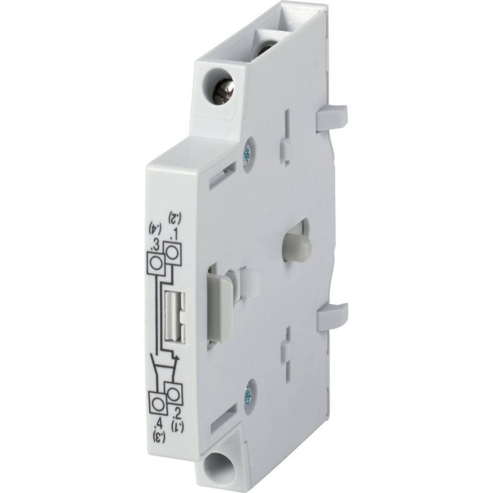 Ein einpoliger Kontaktblock mit Schraubanschlüssen und einem seitlichen Hebel, verwendet für elektrische Verbindungen in Schaltschränken oder modularen Geräten.