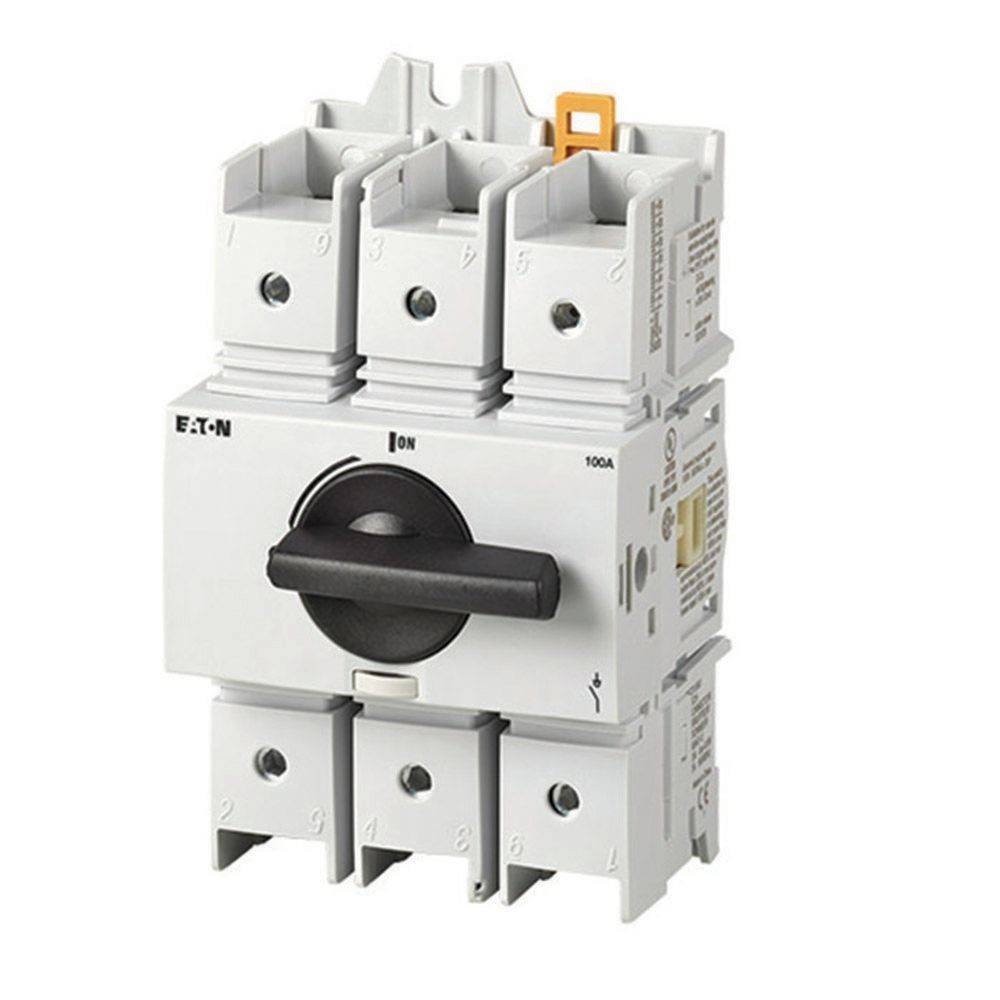Dreipoliger Drehtrennschalter mit großem zentralem Griff, beschriftet mit '150A', zur Steuerung elektrischer Stromkreise.