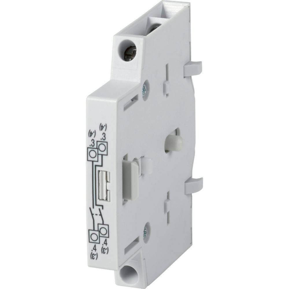 Ein einzelnes elektrisches Relaismodul mit auf seiner Seite aufgedruckten Anschlussdiagrammen, ausgestattet mit Anschlüssen und einem Hebel für manuelle Bedienung.