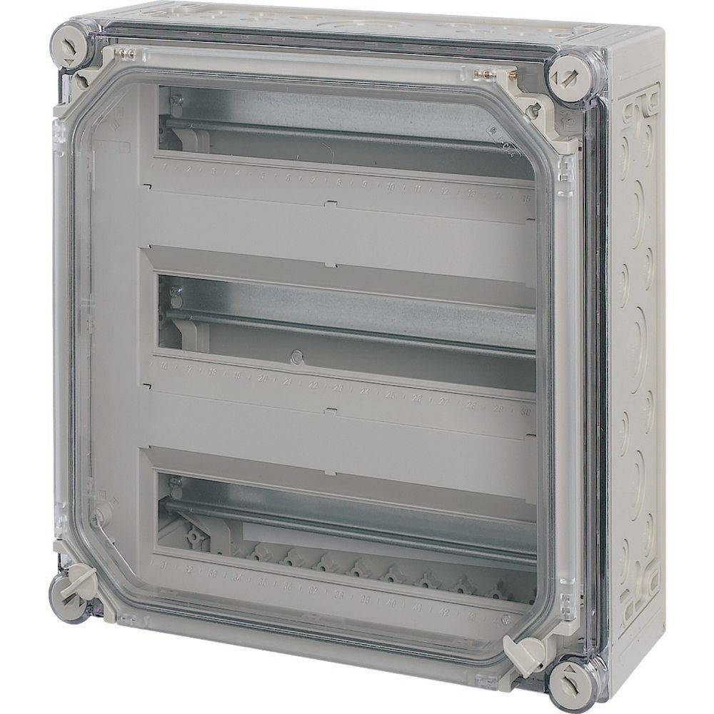 Eine transparente elektrische Gehäusebox mit mehreren Schlitzen und einem durchsichtigen Frontdeckel, die zum sicheren Unterbringen von Schaltungskomponenten entwickelt wurde.
