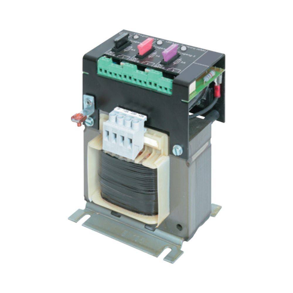 Ein Leistungstransformator mit Verdrahtung oben und Metallbasis, ausgestattet mit grünen und violetten Anschlüssen, der in elektrischen Systemen zur Spannungsregulierung verwendet wird.