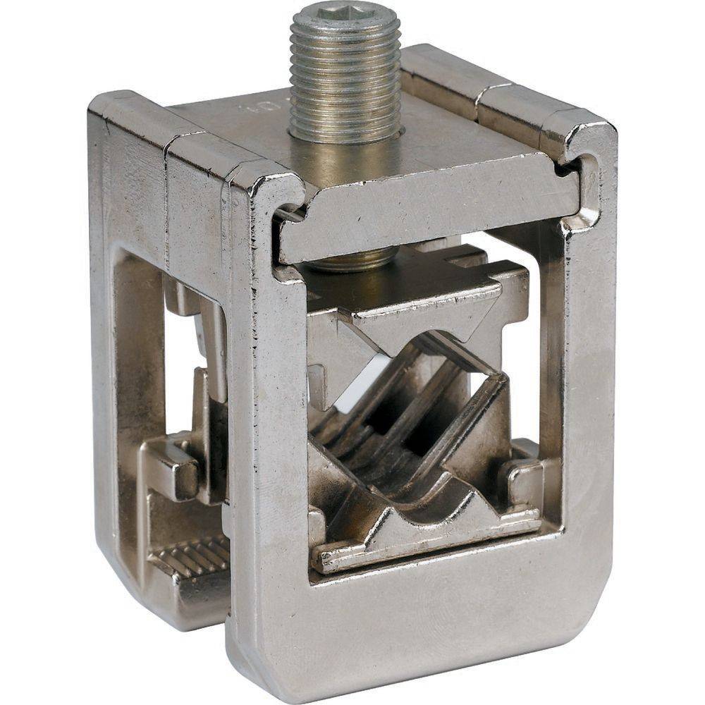 Ein metallischer, rechteckiger Verbinder mit einer Gewindeschraube oben, der zum Verbinden von strukturellen Elementen in Maschinen oder im Bauwesen konzipiert ist.