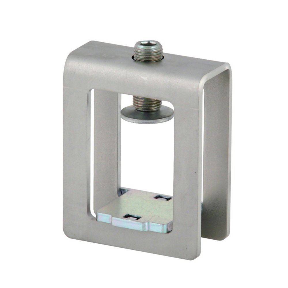 Eine Metallhalterung mit U-förmigem Design, ausgestattet mit einer zentralen Schraube und einer Unterlegscheibe, die zum Montieren oder Befestigen von Komponenten verwendet wird.
