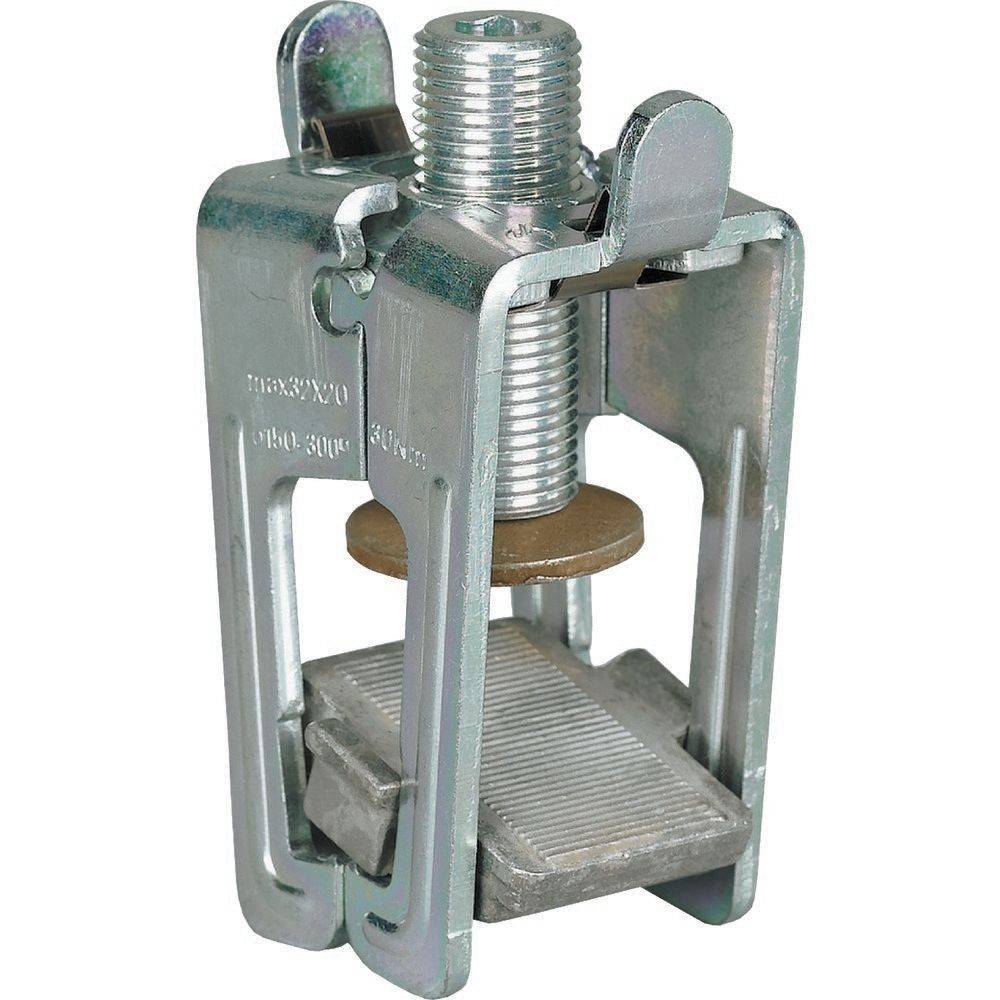 Ein Metallträgerhalter-Clip mit einem Gewindebolzen und zwei seitlichen Klammern. Verwendet zum Befestigen von tragenden Balken in Bauprojekten.