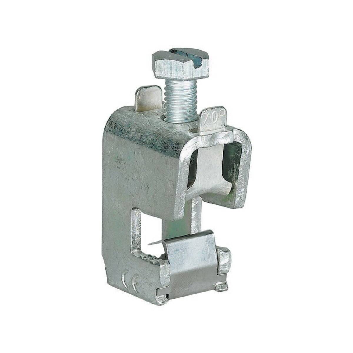 Stahlträger-Klemmschelle mit Schraube und Sattel, verwendet zum sicheren Befestigen von Komponenten an Metallträgern bei Bau- oder elektrotechnischen Installationen.