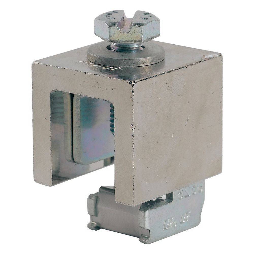 Metallkasten-Klemme mit einem Bolzen auf der Oberseite und einer gesicherten Basis, entwickelt zum sicheren Befestigen von Kabeln oder Stangen bei elektrischen oder Bauprojekten.