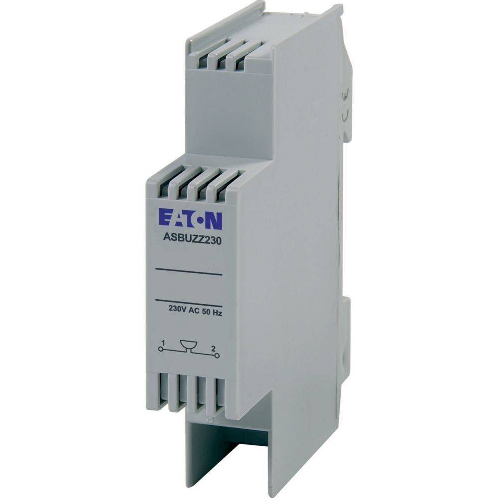 Weißes elektronisches Gerät, das für die Montage auf DIN-Schiene konzipiert ist. Das Etikett trägt die Aufschrift 'Eaton ASBUZZ230 230V AC 50 Hz' mit Verdrahtungssymbolen.