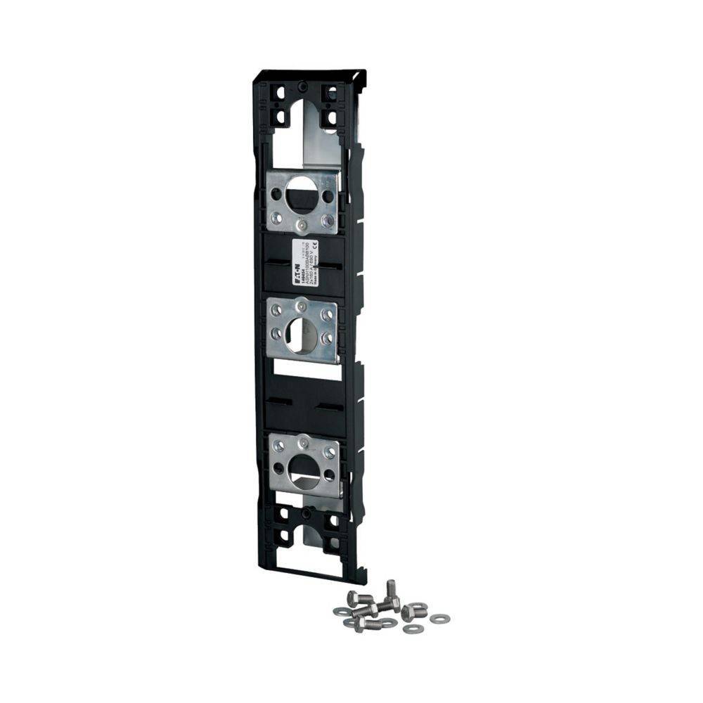 Rechteckige Metallhalterung mit Befestigungslöchern, schwarzem Rahmen und mitgelieferten Schrauben, vorgesehen zur Befestigung von elektrischen oder mechanischen Komponenten.