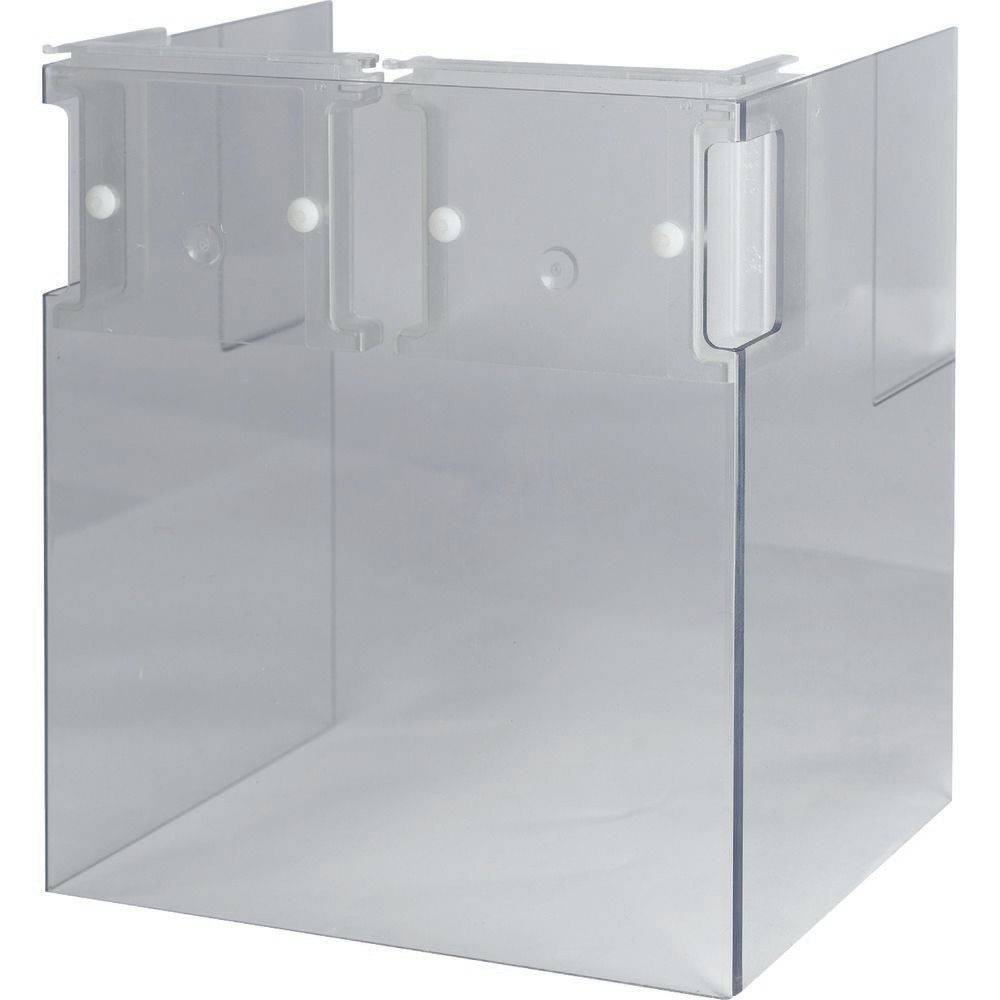 Transparente, rechteckige Plastikbox mit Schlitzen und runden Vorsprüngen an den Seiten zur Montage oder Befestigung.