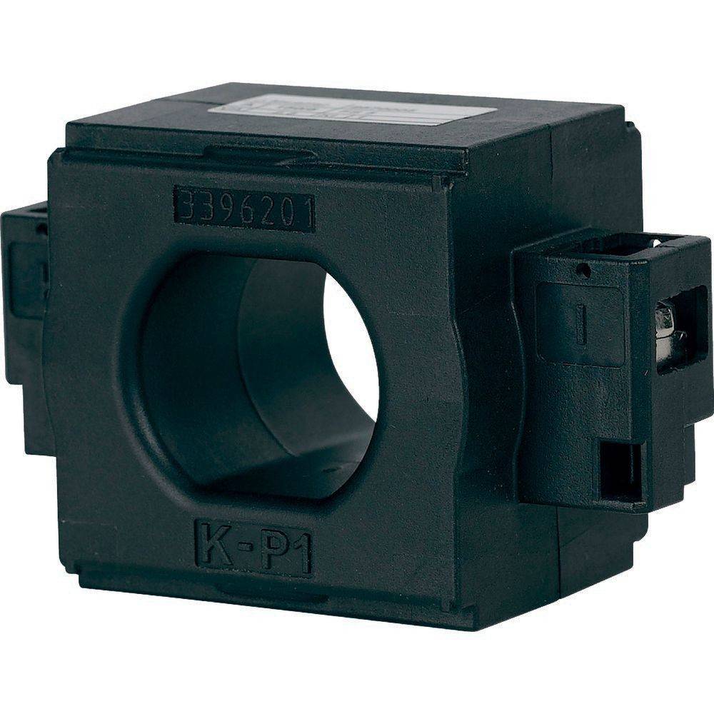 Eine quadratische schwarze elektrische Komponente mit einem kreisrunden Loch in der Mitte, versehen mit Zahlen und der Beschriftung K-P1 auf der Vorderseite.