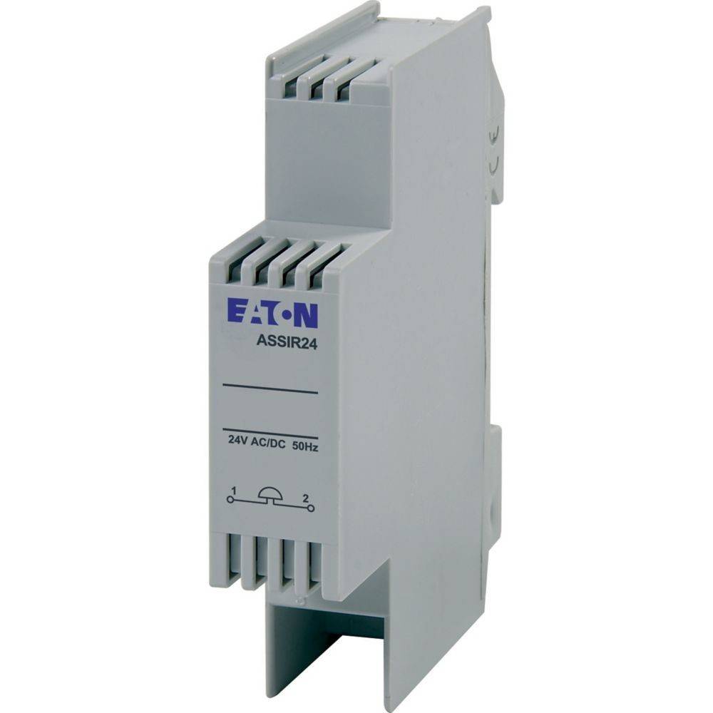 Ein weißes Eaton ASSIR24 Relais mit 24V AC/DC, 50Hz-Spezifikationen wird dargestellt, das für den Einsatz in elektrischen Systemen entwickelt wurde.