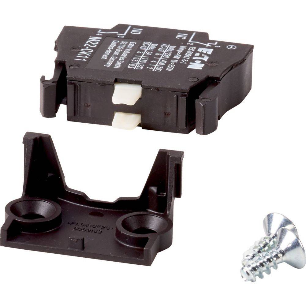 Ein Mikroschalter mit abnehmbarer Befestigungsklammer und einer Schraube, der Modelldetails und elektrische Spezifikationen auf der Schalteroberfläche zeigt.