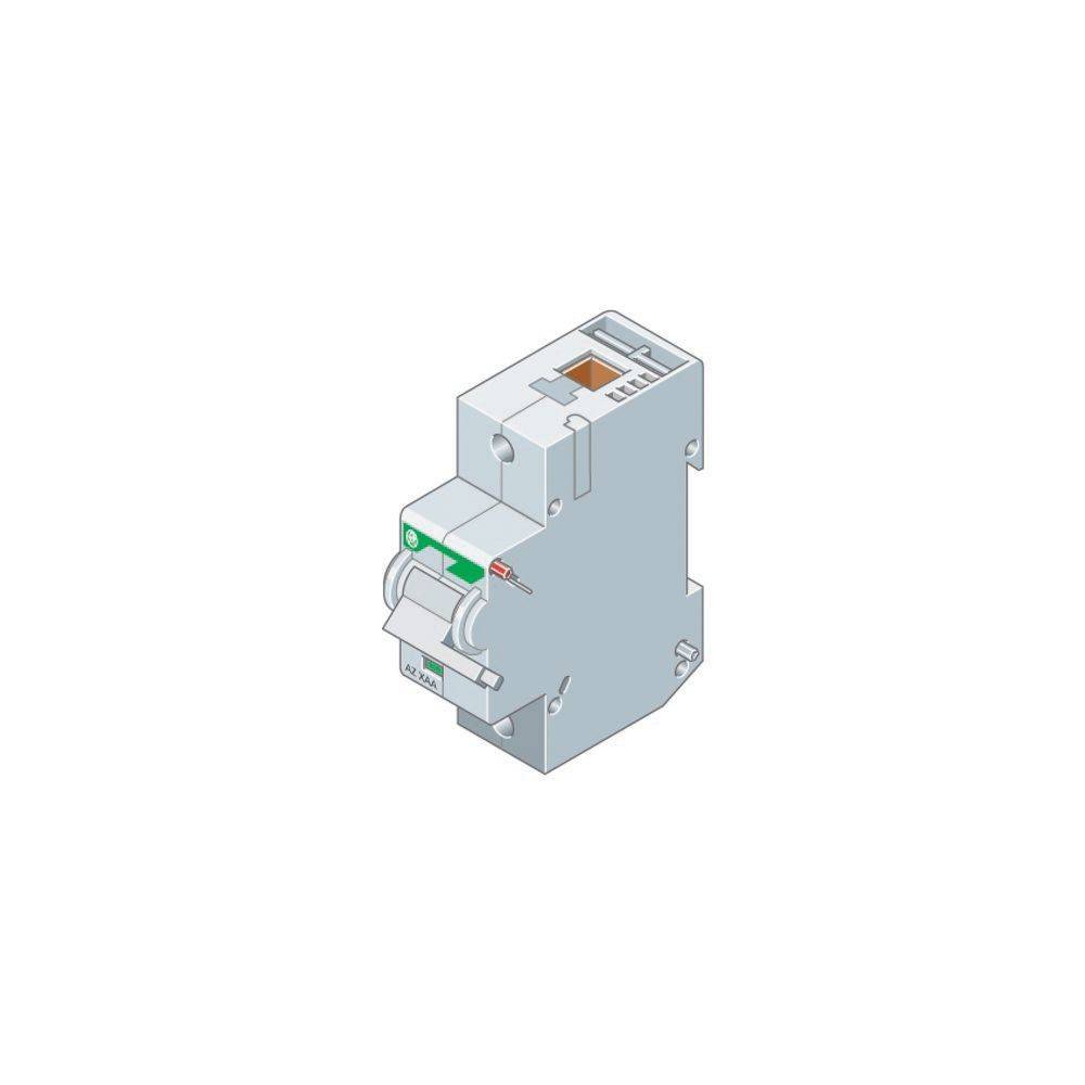 Eine 3D-Darstellung eines elektrischen Leitungsschutzschalters, die seinen Schalter und die Verdrahtungsabteile zeigt. Geeignet für die Installation in Elektroverteilerkästen.