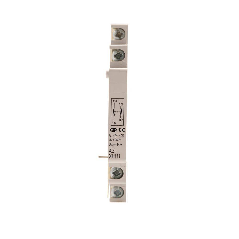 Ein schlankes weißes elektrisches Relaismodul mit Anschlusspunkten und auf der Oberfläche gedrucktem Schaltplan, beschriftet mit 'AZ XH11'.