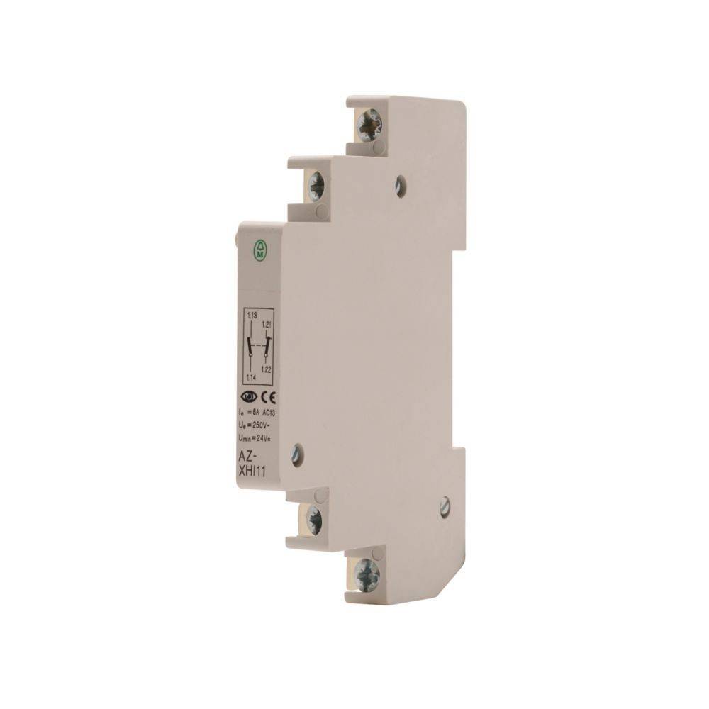 Eine weiße elektrische Relaiskomponente mit Schraubklemmen und einer Diagrammzeichnung an der Seite, verwendet zur Schaltungssteuerung in industriellen Anwendungen.