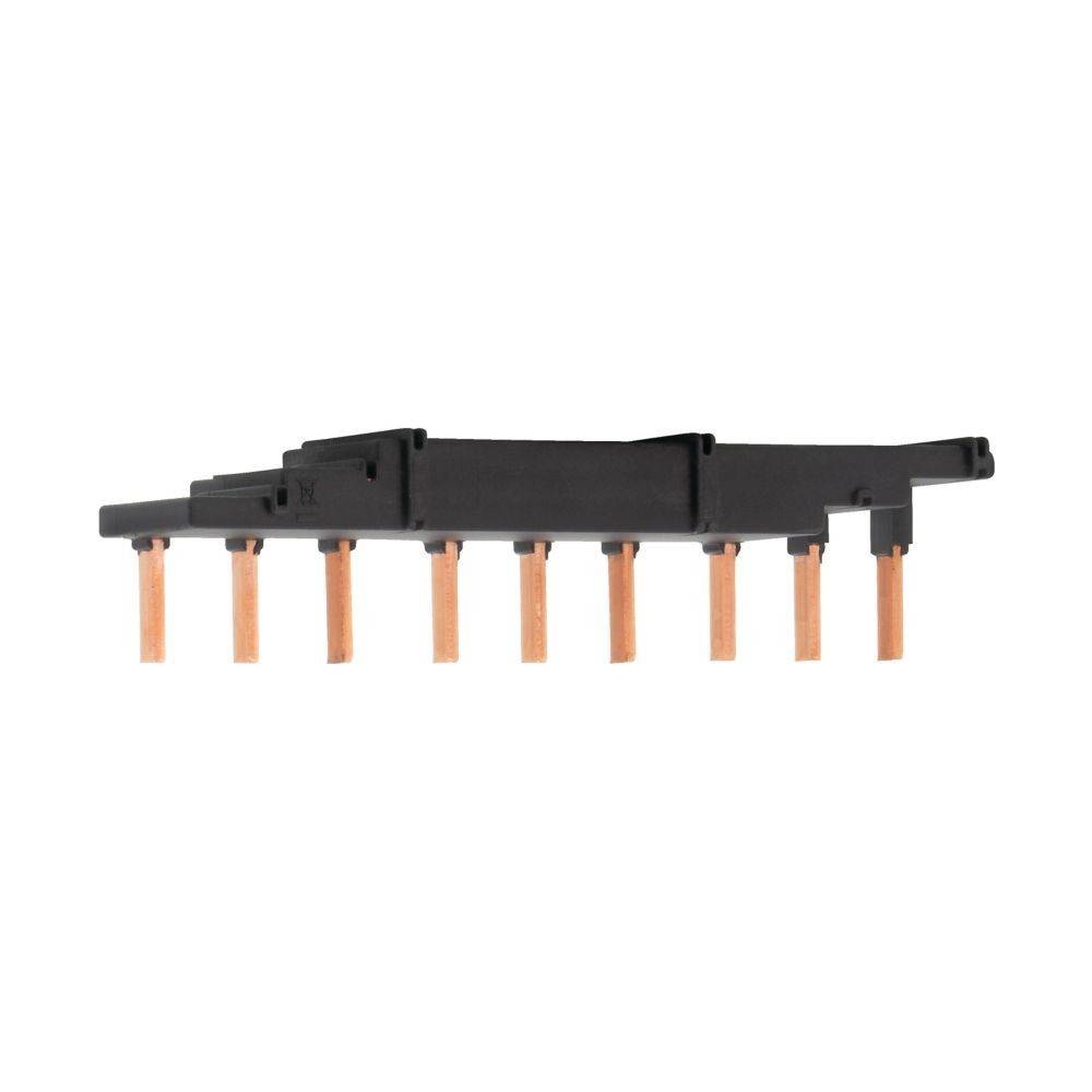 Ein schwarzer Kunststoffverbinder mit acht nach unten ragenden Kupferpins, der in elektrischen oder elektronischen Anwendungen verwendet wird.