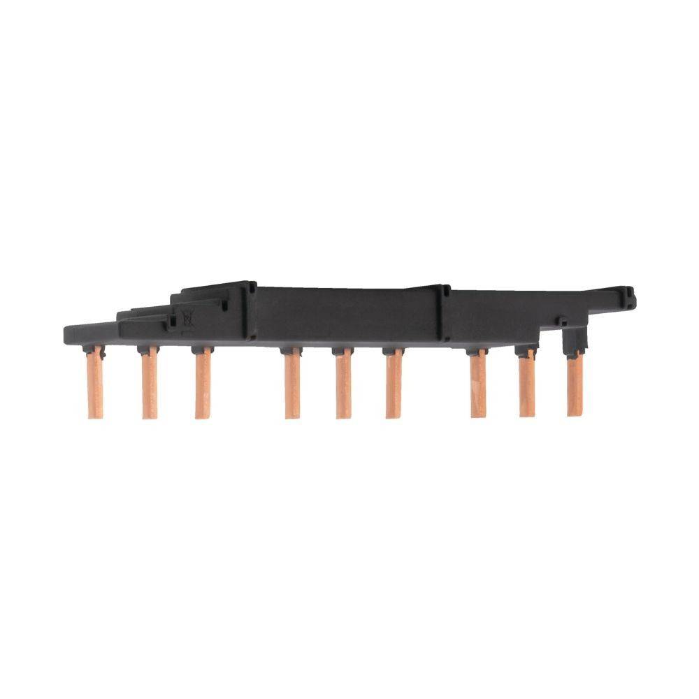 Ein schwarzer Plastikkamm mit neun gleichmäßig angeordneten Kupferzinken, verwendet für elektrische Anwendungen oder Schaltungsverbindungen.
