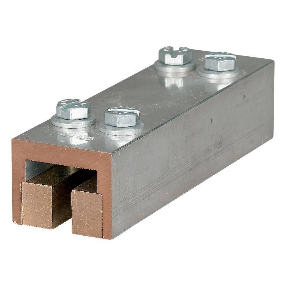 Metallischer elektrischer Sammelschienenklemme mit drei Sechskantschrauben oben, verwendet zum sicheren Verbinden von leitfähigen Komponenten in elektrischen Systemen.