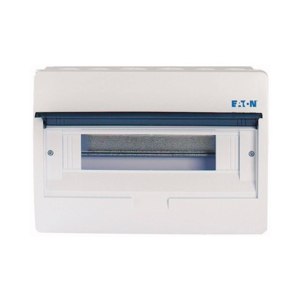 Weißes elektrisches Verteilerschaltpult mit einem transparenten Fenster und dem 'Eaton' Logo in der oberen rechten Ecke.