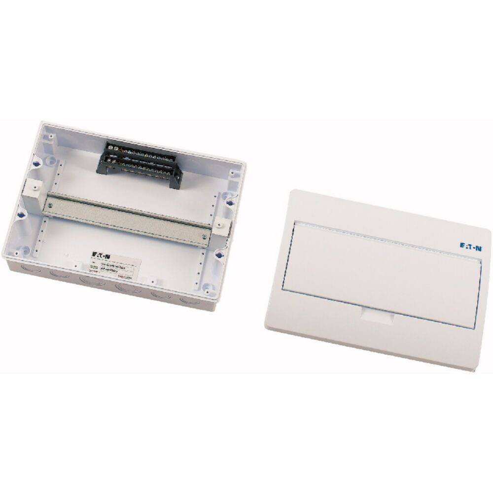 Eine offene, rechteckige elektrische Gehäuse mit 'Eaton' Branding auf dem Deckel, die eine interne Montageschiene und Platz für Leistungsschalter zeigt.