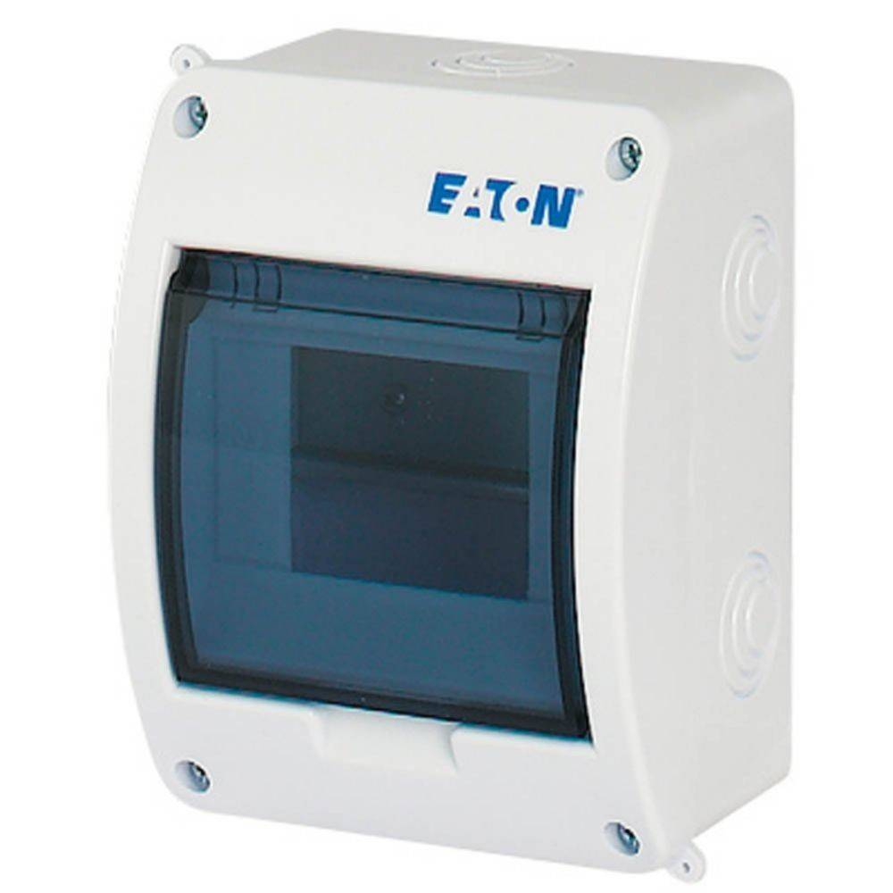 Elektrisches Gehäuse mit EATON-Logo, ausgestattet mit einem transparenten Deckel und mehreren Kabeleinführungspunkten an den Seiten.