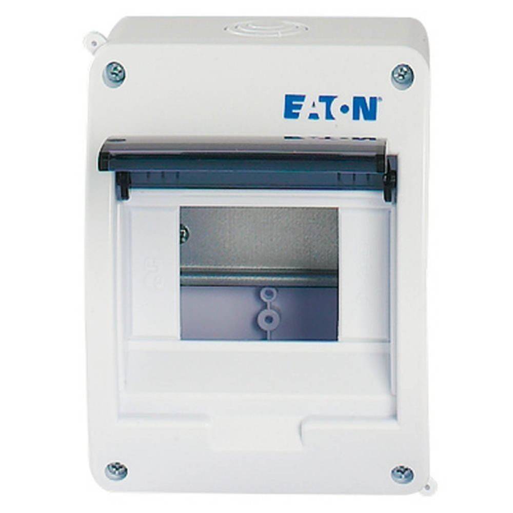 Eine weiße Eaton Elektro-Verteilerdose, geschlossen, mit transparentem Schutzdeckel und Schrauben an den Ecken.