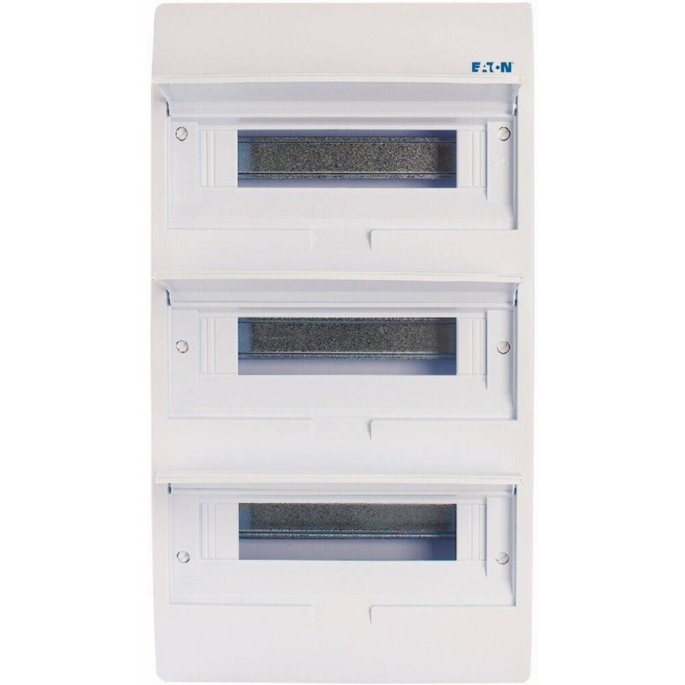 Dreireihige Sicherungskasten mit transparenten Abdeckungen, beschriftet mit 'Eaton'. Geeignet zur Unterbringung elektrischer Komponenten.