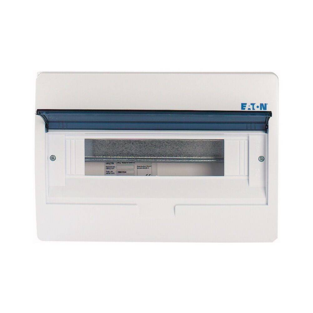 Eine weiße Elektroverteilertafel mit transparenter Abdeckung, auf der Sicherungsautomaten zu sehen sind; mit der Markenbezeichnung 'Eaton' in der oberen rechten Ecke.