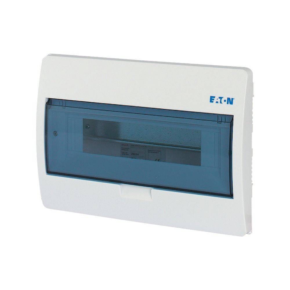 Eine weiße Eaton Elektroverteilerdose mit einem transparenten blauen Deckel, konzipiert zur Aufnahme von Sicherungsautomaten oder elektrischen Komponenten.