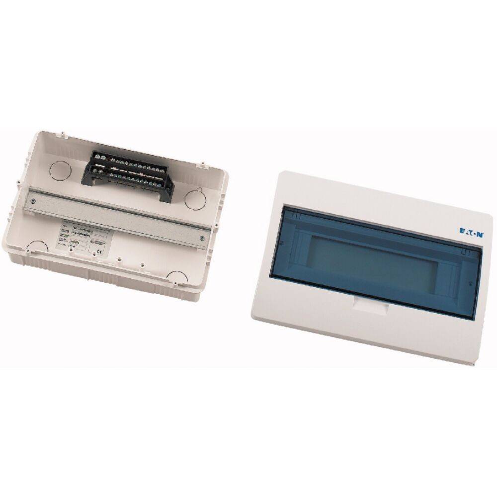 Eine offene und geschlossene elektrische Sicherungskasten-Abdeckung von Eaton, die Steckplätze für Sicherungsautomaten und eine blau getönte transparente Frontscheibe zeigt.