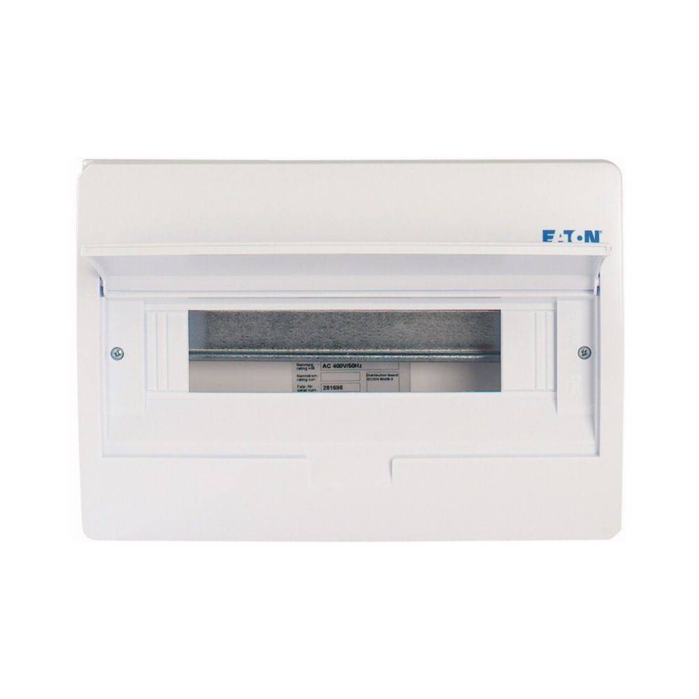 Eine weiße Elektroverteilertafel mit einem transparenten Fenster, das Schaltungsinformationen offenbart, und mit der Marke 'Eaton' in der rechten oberen Ecke gekennzeichnet.