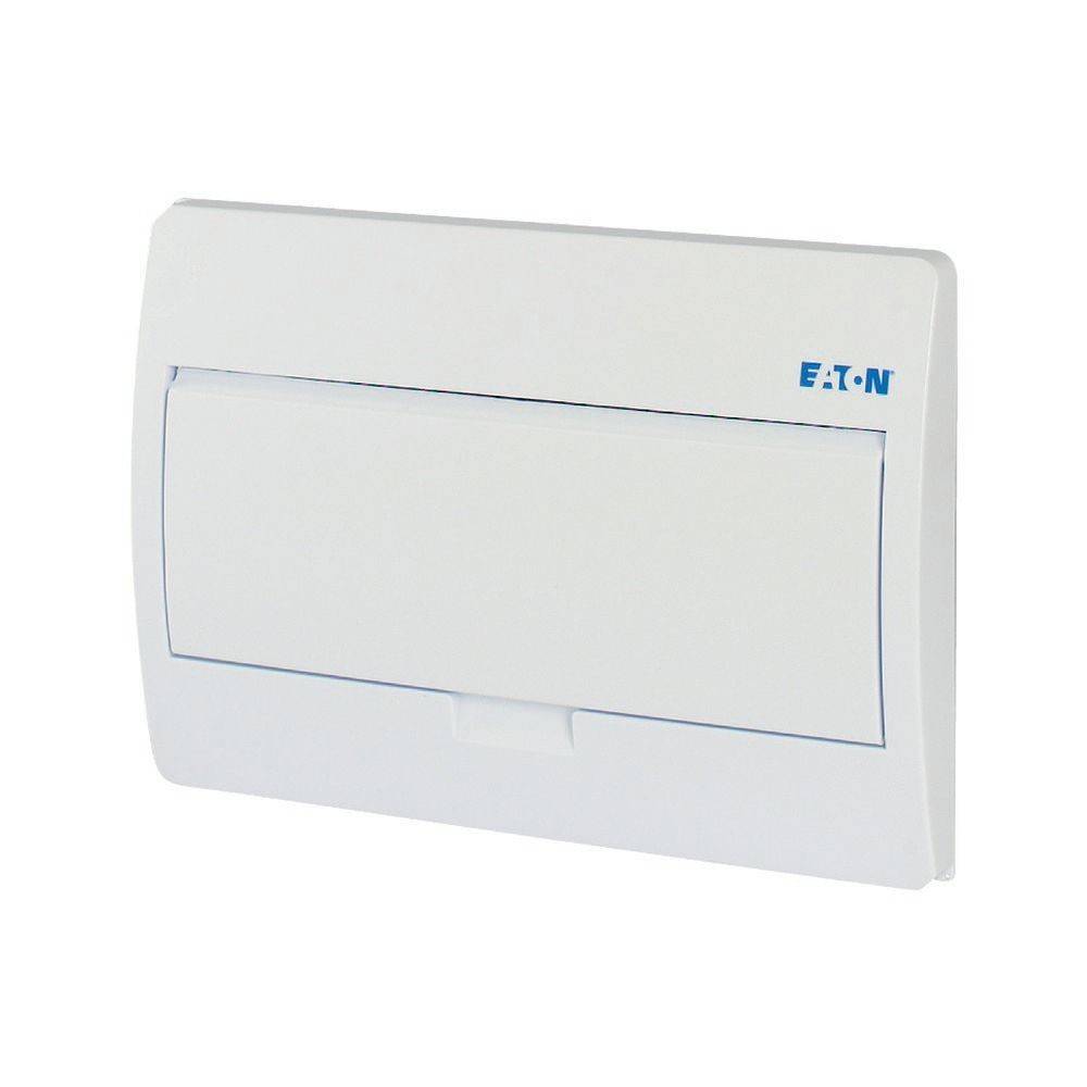 Weißer Eaton-Elektroverteilerschrank mit geschlossenem Deckel, auf dem in der oberen rechten Ecke das Eaton-Logo zu sehen ist.